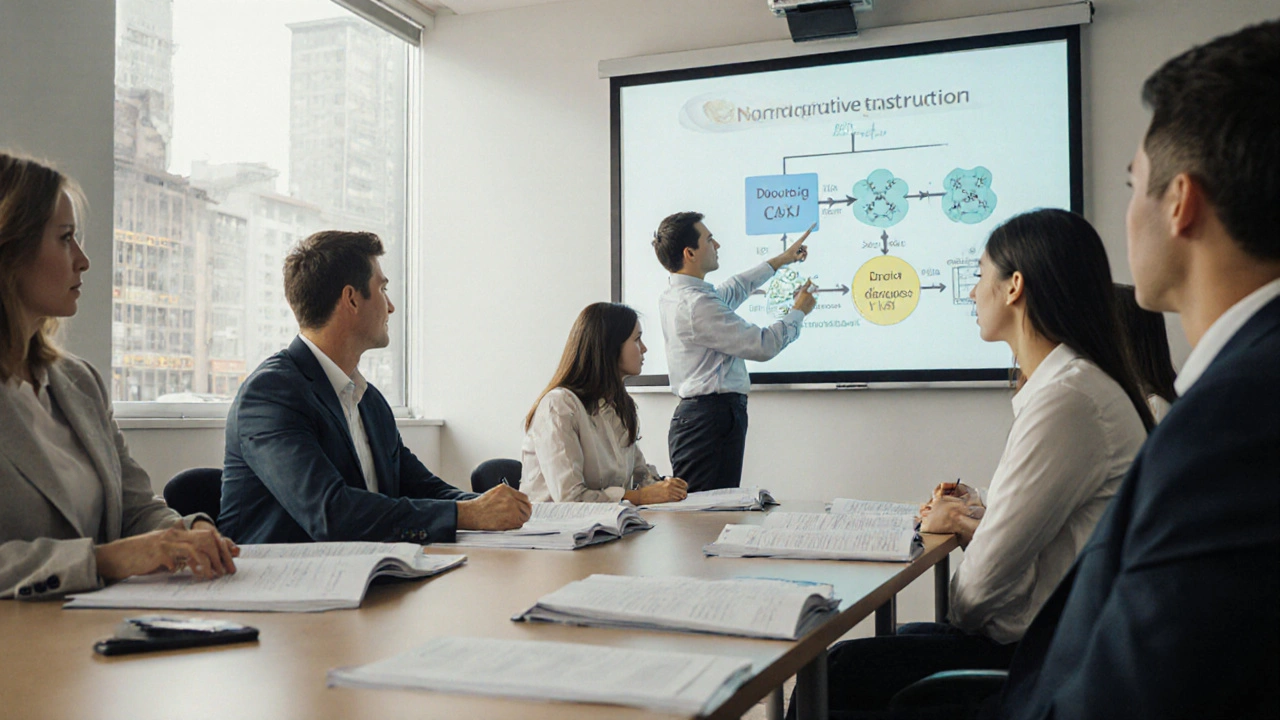 Adult learners in a classroom studying driving regulations with instructor pointing to legal flowchart on the wall.