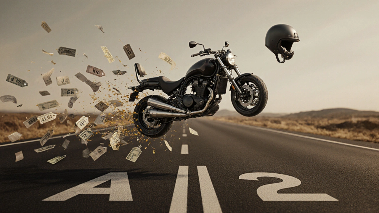 Klíč transformující se v motocykl, symbolizující přechod z kategorie A1 na A2.