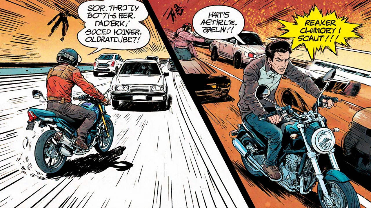 Srovnání jízdy na A1 a A2 motocyklu v komiksové stylizaci, přechod od omezení k svobodě.